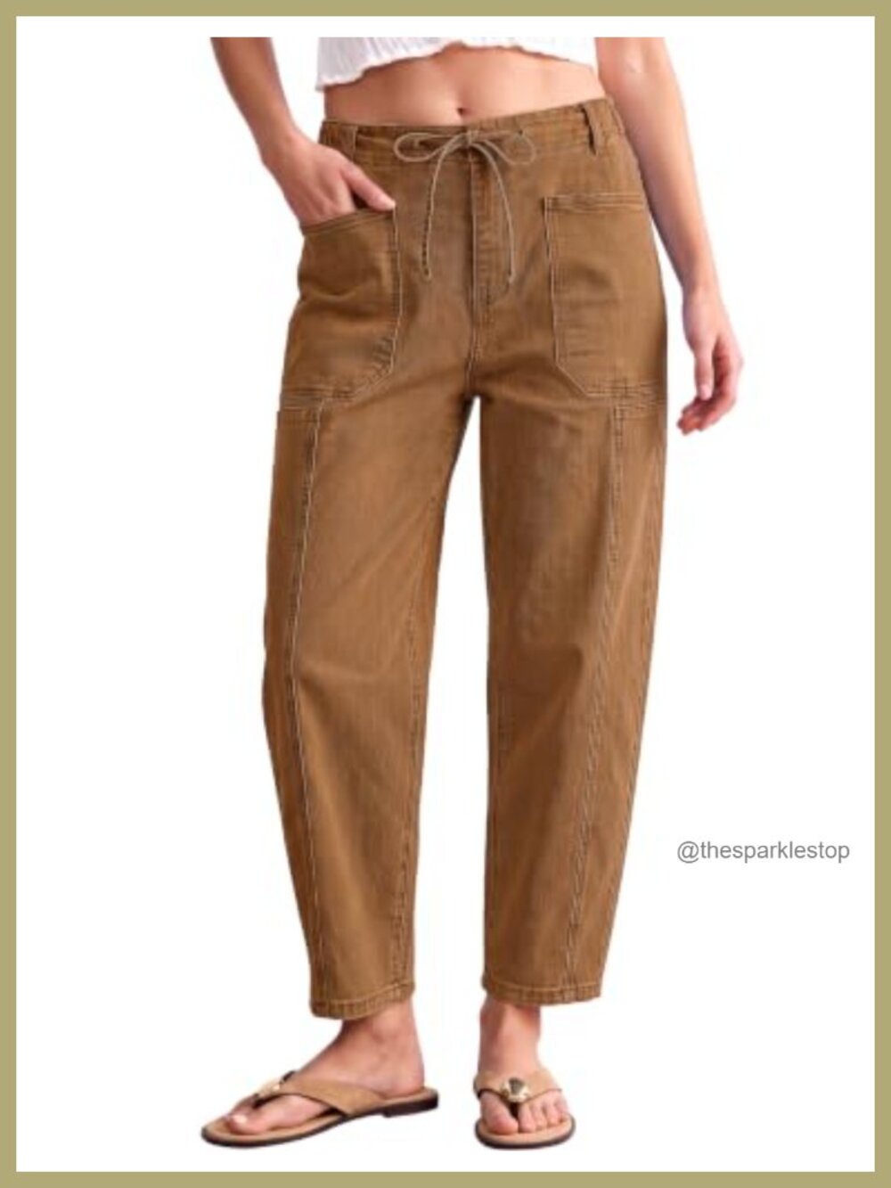 High Waisted Barrel Jeans Pull On Drawstring Elastic Waist Stretchy Cropped